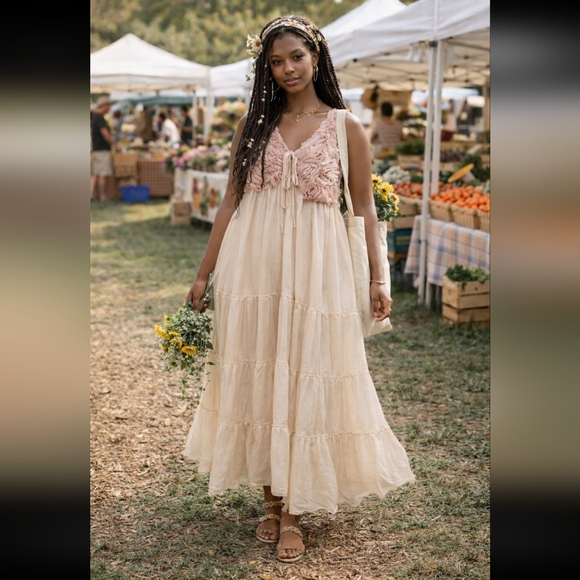 Dresses & Skirts - Cream Pink Ruffled Tiered Maxi Dress #147